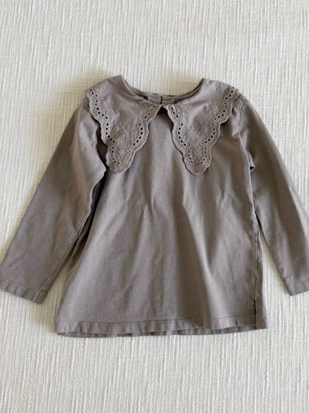 Zara Girls Long-Sleeve Top with Scalloped Eyelet Collar - Taupe